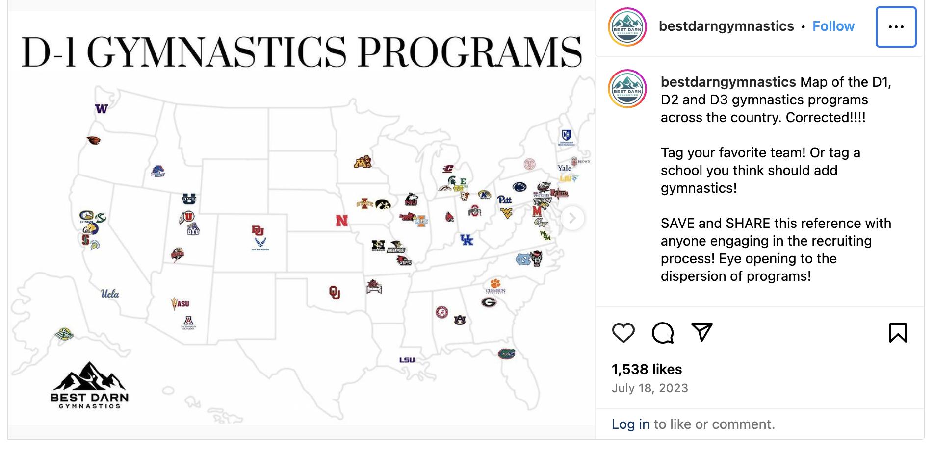 A graphic showing all the Division I gymnastics programs in the United States.